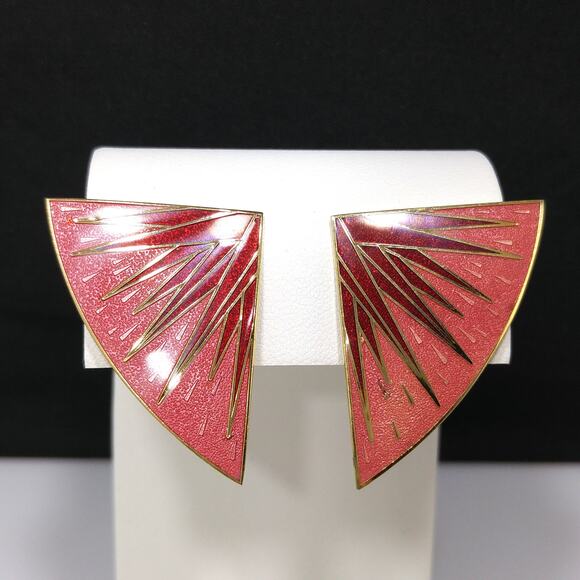 Vintage Isle of Skye Red Rose Fan Clip Earrings, Gold Plated Enamel - Picture 5 of 10